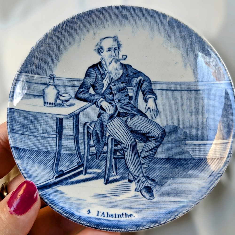 Vintage Delfts BOCH 4.25" Collectible Mini Display Plate L'ABSINTHE Man w/ Pipe